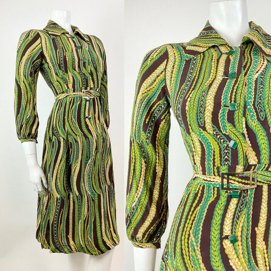VINTAGE 60s 70s GREEN CREAM BROWN STRIPED PSYCHEDELIC BELTED SHIRT DRESS 8 10