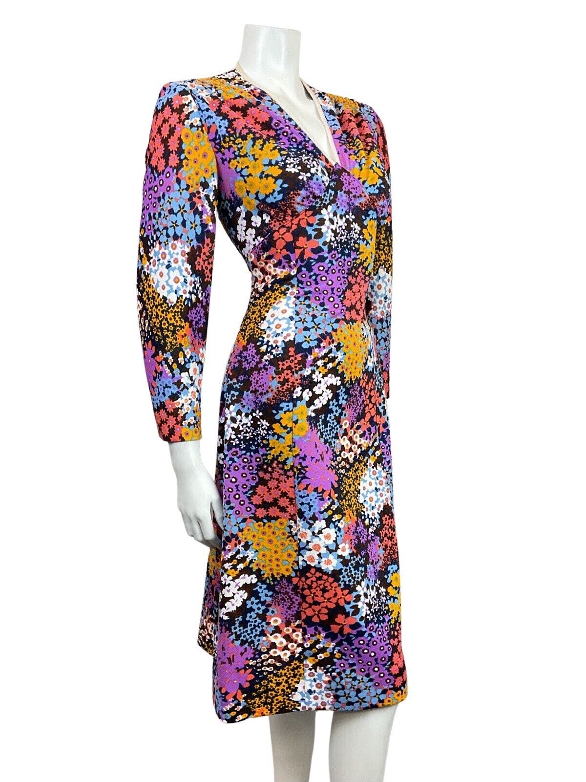 VINTAGE 60s 70s BLUE PURPLE PINK PSYCHEDELIC FLORAL DITSY FITTED DRESS 10 12