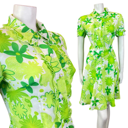 VINTAGE 60s 70s LIME FOREST APPLE GREEN FLORAL DAISY MOD SHIRT DRESS 10 12