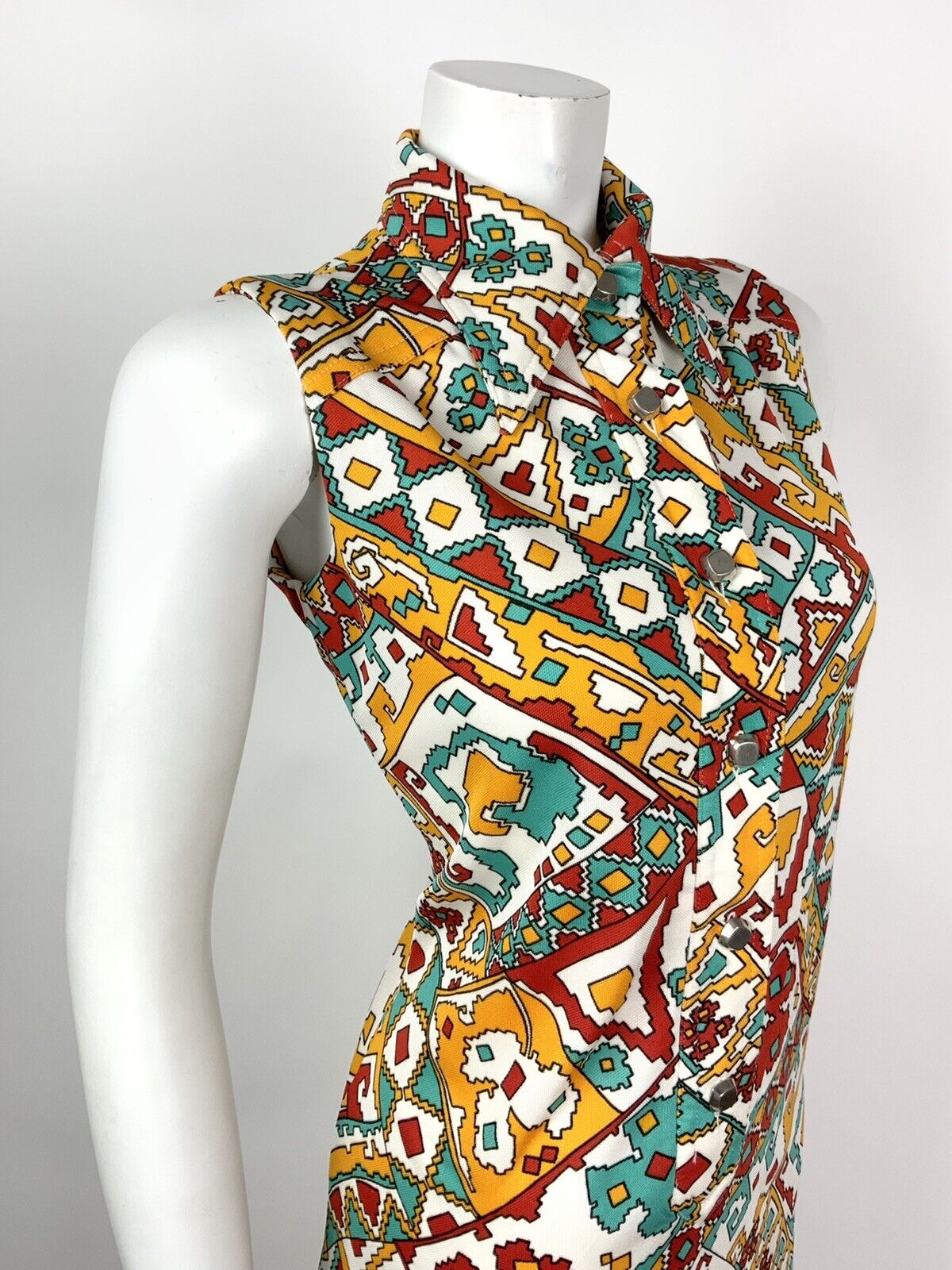 VINTAGE 60s 70s WHITE BLUE RED YELLOW GEOMETRIC AZTEC DAGGER SHIRT DRESS 12 14