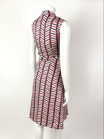 VINTAGE 60s 70s WHITE RED BLUE ZIG-ZAG GEOMETRIC DAGGER SHIRT MOD DRESS 12 14