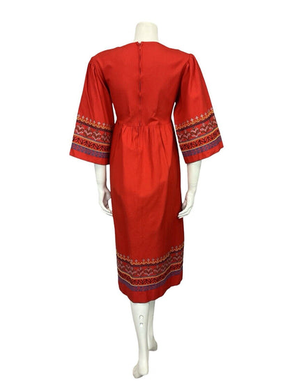 VTG 60S 70S RED BLACK YELLOW HIPPY BOHO CROSS STITCH EMBROIDERED SMOCK DRESS 10