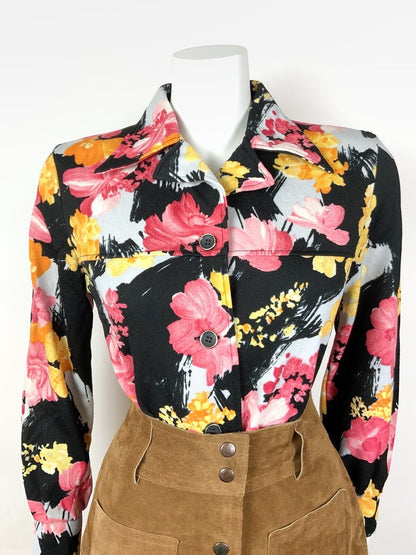 VINTAGE 60s 70s BLACK PINK ORANGE GREY FLORAL DAGGER COLLAR SHIRT BLOUSE 12 14