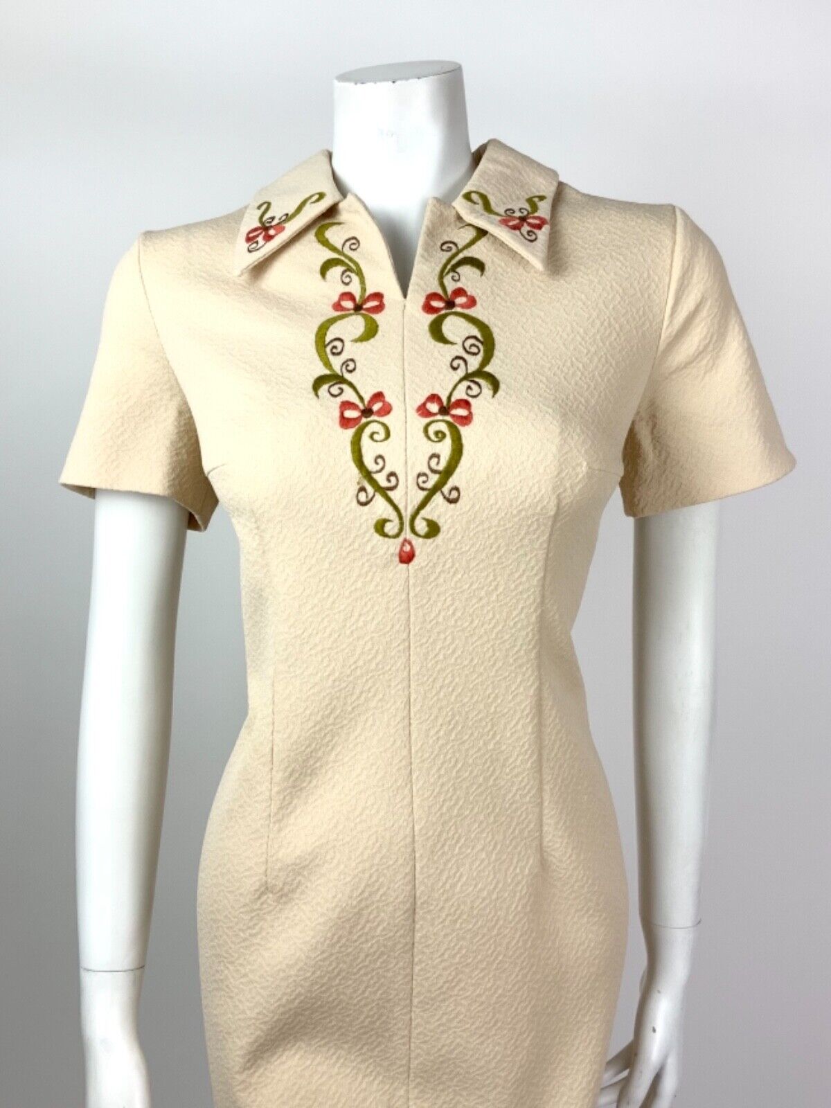 VTG 60s 70s CREAM GREEN RED BROWN SWIRL EMBROIDERED DAGGER COLLAR DRESS 12 14
