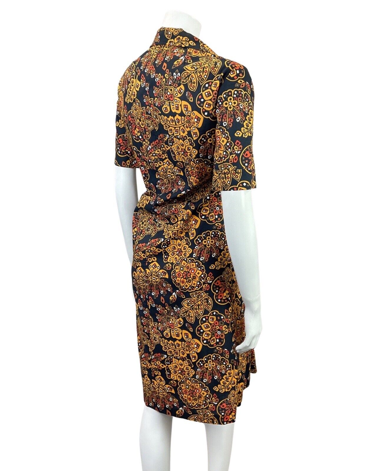 VINTAGE 60s 70s BLACK YELLOW ORANGE PSYCHEDELIC GEOMETRIC FLORAL SHIRT DRESS 16