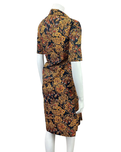 VINTAGE 60s 70s BLACK YELLOW ORANGE PSYCHEDELIC GEOMETRIC FLORAL SHIRT DRESS 16