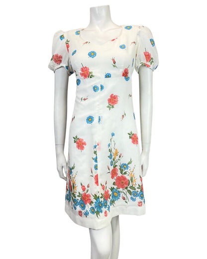VINTAGE 60s 70s WHITE RED BLUE FLORAL GARDEN SHEER PUFF SLEEVE MOD DRESS 12