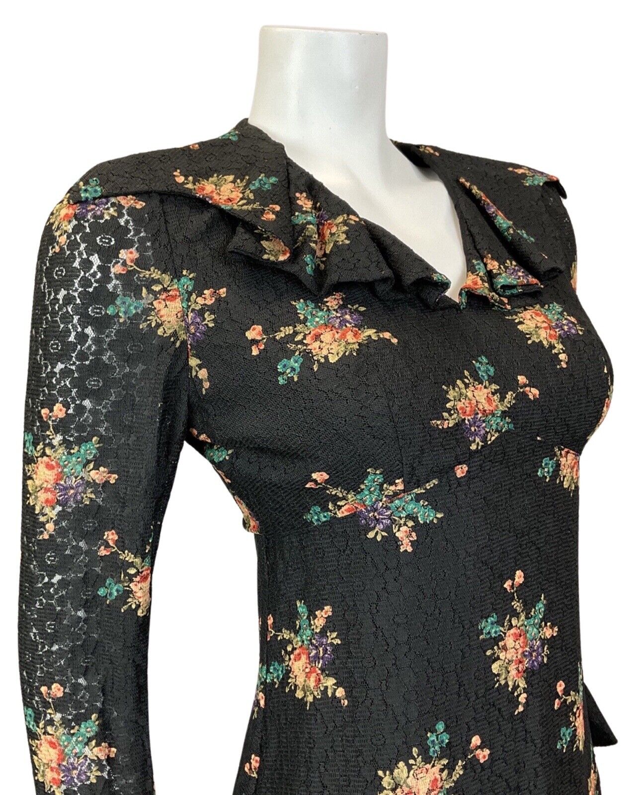 VINTAGE 60s 70s BLACK GREEN LILAC BOUQUET FLORAL LACE RUFFLE SHORT DRESS 8