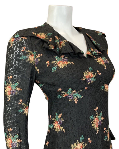VINTAGE 60s 70s BLACK GREEN LILAC BOUQUET FLORAL LACE RUFFLE SHORT DRESS 8