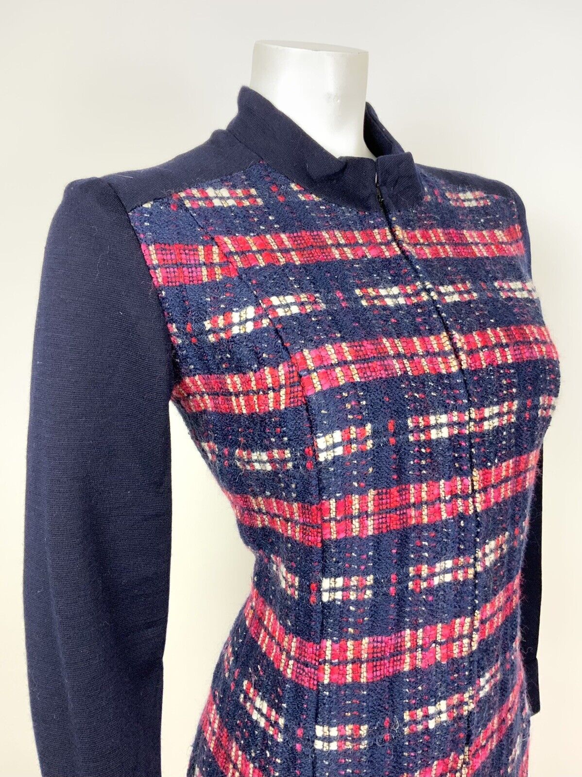 VINTAGE 60s 70s NAVY BLUE RED WHITE PLAID STRIPED MOD WOOL DRESS 8 10