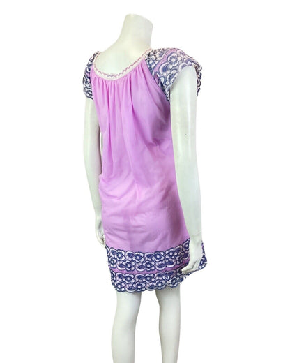 VINTAGE 60s 70s LILAC BLUE PINK FLORAL LACE MOD BABYDOLL NIGHT GOWN DRESS 12 14