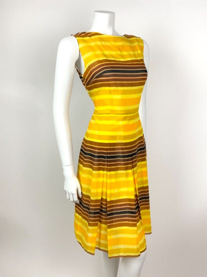 VINTAGE 60s 70s YELLOW ORANGE BROWN STRIPED SHEER SUMMER DRESS 10