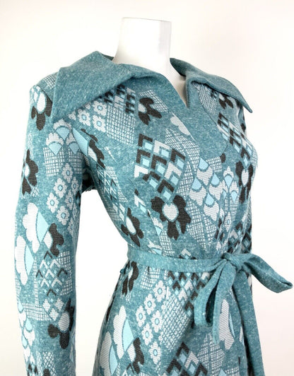 VINTAGE 60s 70s BLUE BLACK WHITE DAISY GEOMETRIC PSYCHEDELIC DAGGER DRESS 14 16