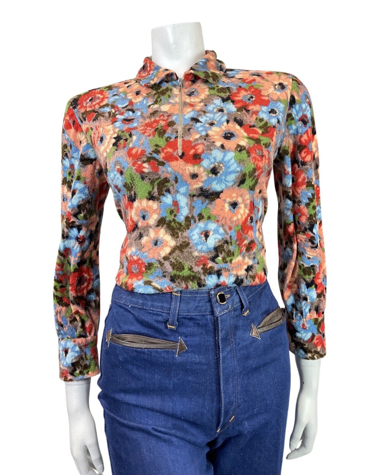 VTG 60s 70s ORANGE BLUE RED FLORAL FLEECE ZIP-UP MOD DAGGER BLOUSE 10 12