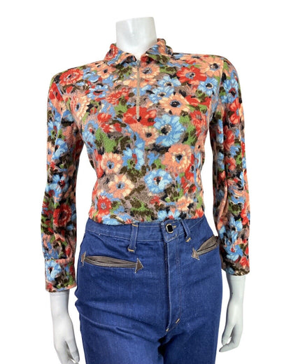 VTG 60s 70s ORANGE BLUE RED FLORAL FLEECE ZIP-UP MOD DAGGER BLOUSE 10 12