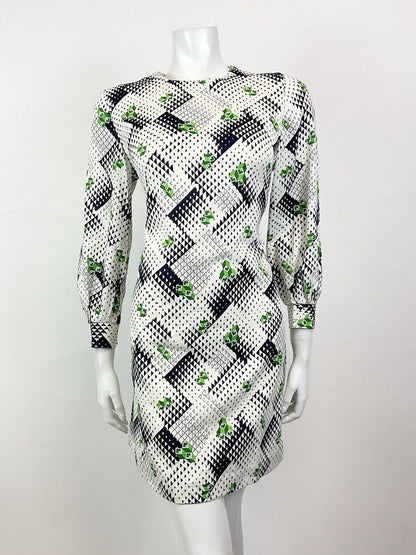 VINTAGE 60s 70s WHITE BLUE GREEN GEOMETRIC OP-ART MOD A-LINE SHORT DRESS 10 12