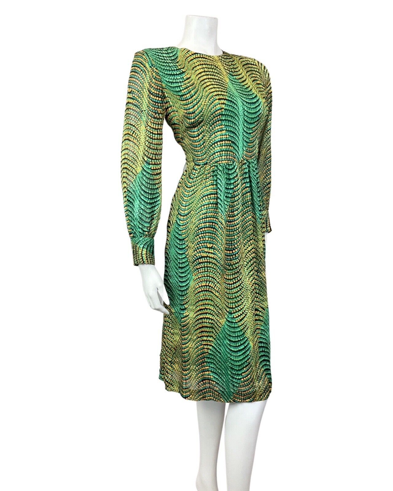 VINTAGE 60s 70s GREEN GOLD BLACK PSYCHEDELIC WAVY DOTTY SWING DRESS 10