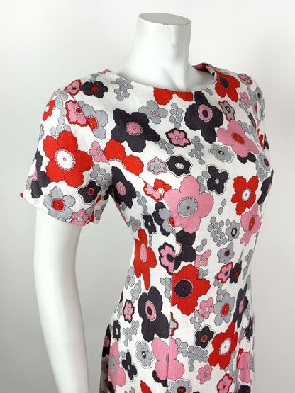 VTG 60s 70s WHITE RED PINK GREY FLORAL FLOWER POWER PSYCHEDELIC DRESS 12 14