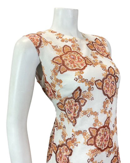 VINTAGE 60s 70s WHITE ORANGE BROWN PAISLEY FLORAL MANDALA SUMMER DRESS 12 14