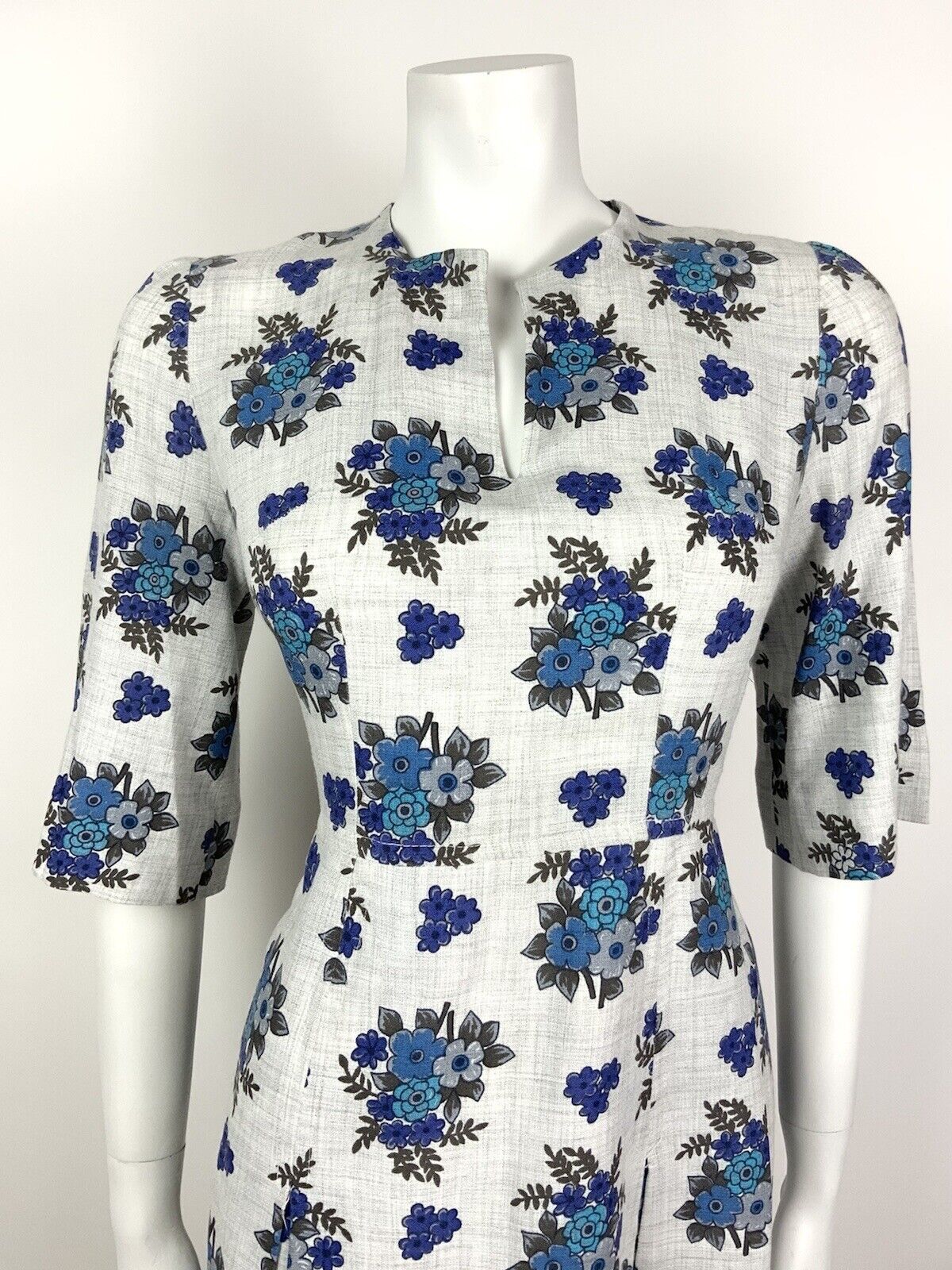 VINTAGE 60s 70s GREY NAVY BLUE FLORAL BOUQUET COTTON DRESS 10