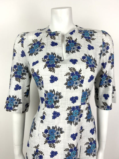 VINTAGE 60s 70s GREY NAVY BLUE FLORAL BOUQUET COTTON DRESS 10