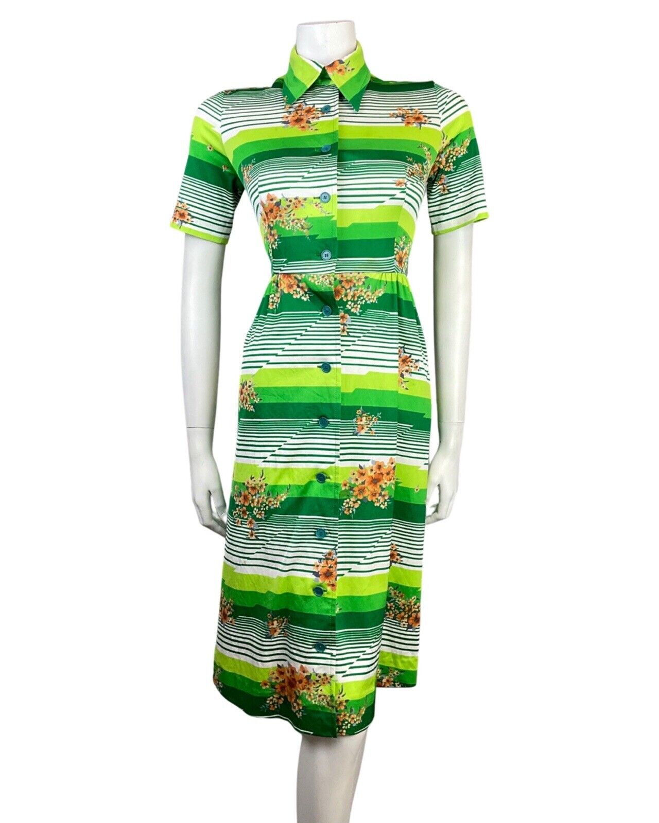VINTAGE 60s 70s GREEN WHITE ORANGE STRIPED FLORAL MOD DAGGER SHIRT DRESS 8 10