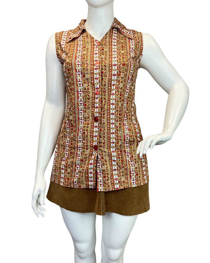 VINTAGE 60s 70s YELLOW RED WHITE GEOMETRIC AZTEC SLEEVELESS DAGGER SHIRT 14 16