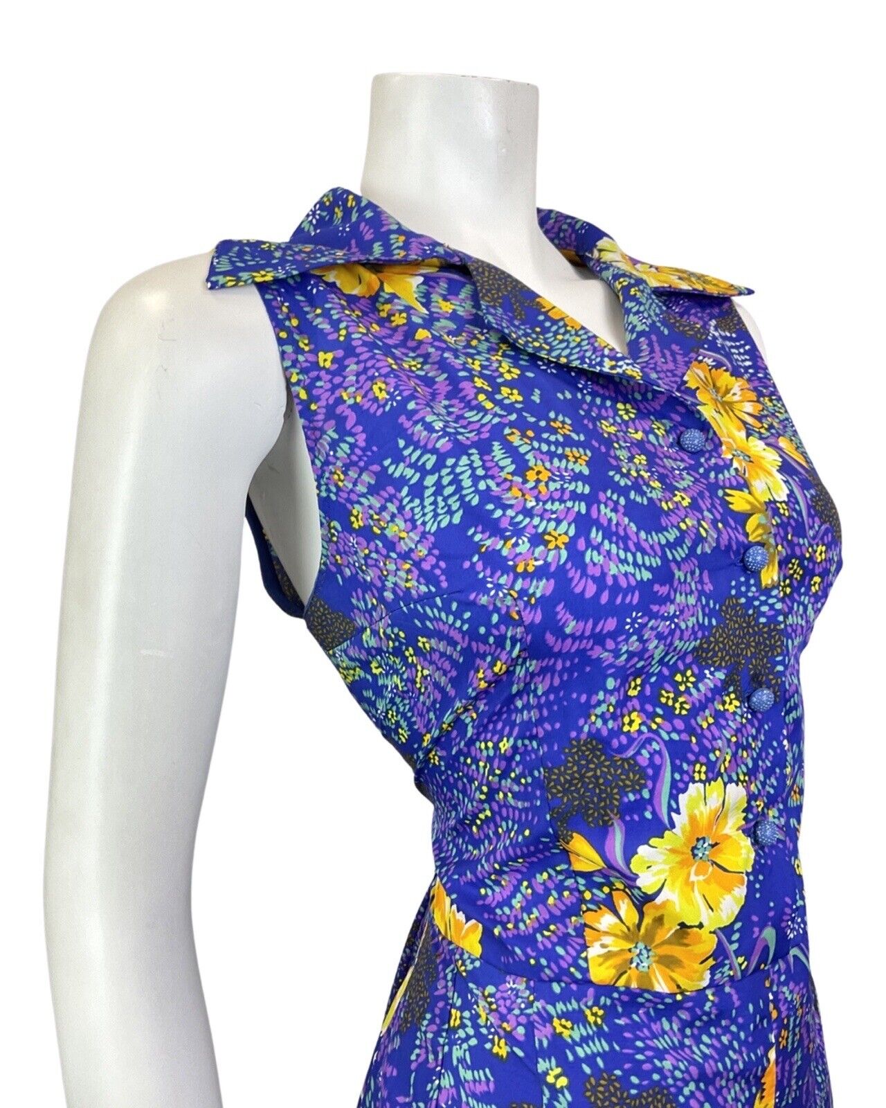 VINTAGE 60s 70s BLUE PURPLE YELLOW FLORAL DAGGER COLLAR SHIRT DRESS 12 14