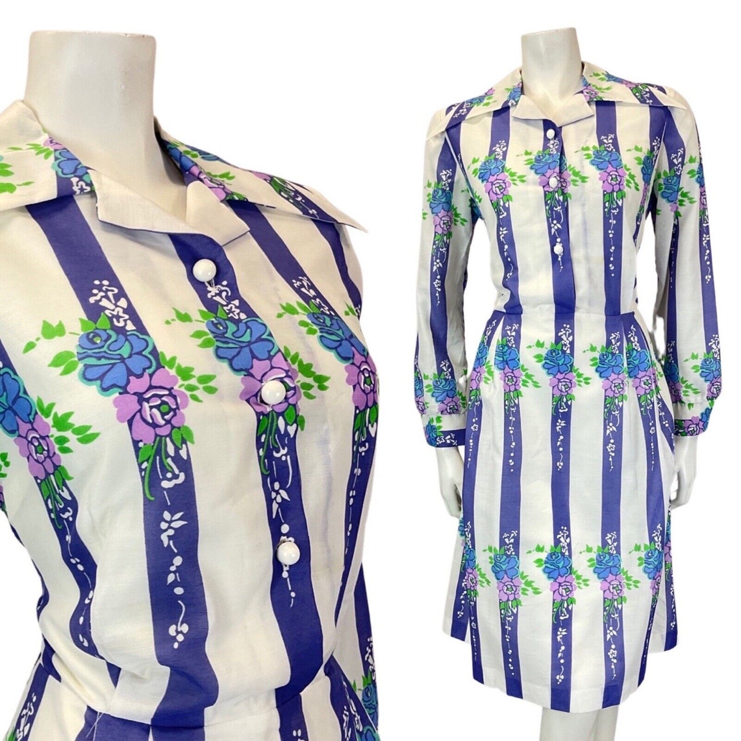 VINTAGE 60s 70s WHITE PURPLE BLUE STRIPED FLORAL WING COLLAR SHIRT DRESS 12 14