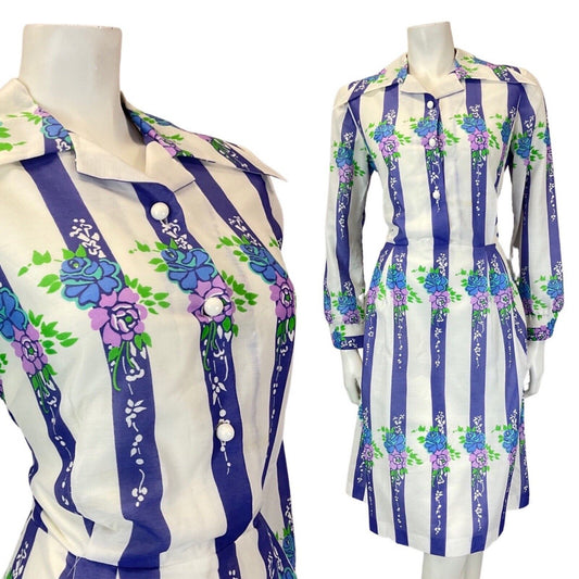 VINTAGE 60s 70s WHITE PURPLE BLUE STRIPED FLORAL WING COLLAR SHIRT DRESS 12 14