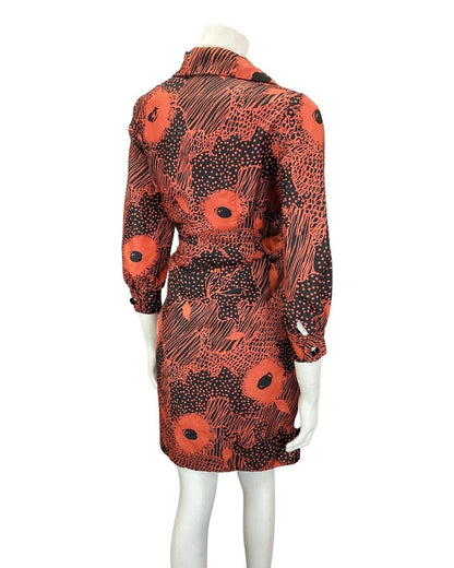 VINTAGE 60s 70s ORANGE BLUE FLORAL PSYCHEDELIC MOD SILK SHIRT DRESS 10