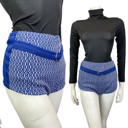 VINTAGE 60s 70s BLUE WHITE GEOMETRIC BELTED MOD HIGH-WAISTED SWIM SHORTS 8 10