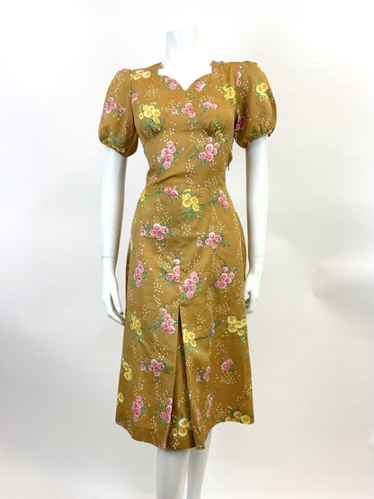 VTG 60s 70s GOLDEN BROWN  TAN GREEN PINK FLORAL DOTTY PUFF SLEEVE TEA DRESS 10
