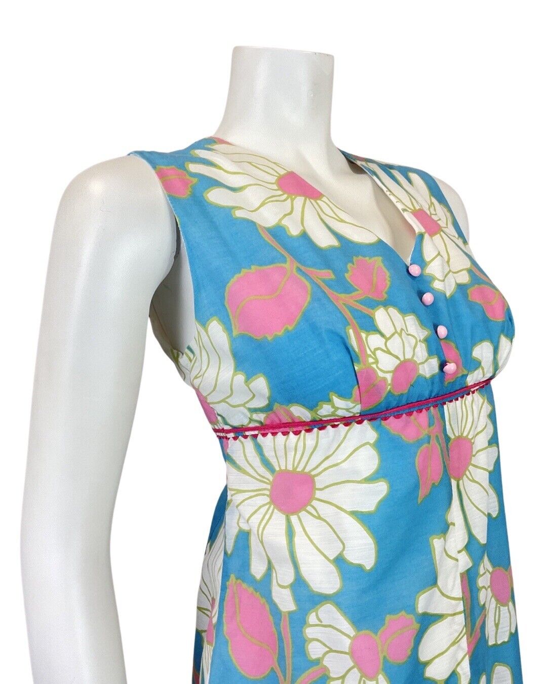 VINTAGE 60s 70s BLUE PINK WHITE DAISY FLOWER EMPIRE LINE MOD DRESS 10 12