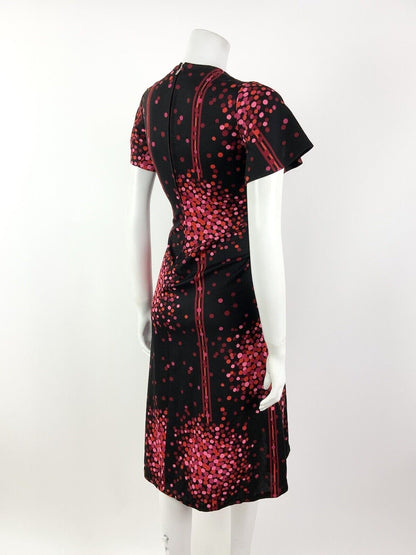 VINTAGE 60s 70s BLACK PINK RED ORANGE DOTTY STRIPE FIT & FLARE DRESS 12 14