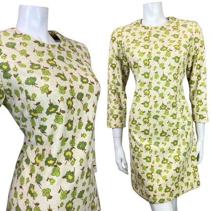 VINTAGE 60s 70s CREAM GREEN YELLOW FLORAL LEAFY DAISY MOD WOOL SHIFT DRESS 10 12