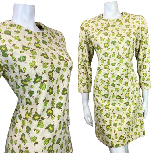 VINTAGE 60s 70s CREAM GREEN YELLOW FLORAL LEAFY DAISY MOD WOOL SHIFT DRESS 10 12