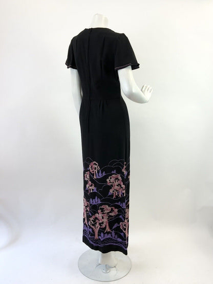 VTG 60s 70s BLACK PURPLE PINK EMBROIDERED TREE NATURE BOHO FOLK MAXI DRESS 10 12