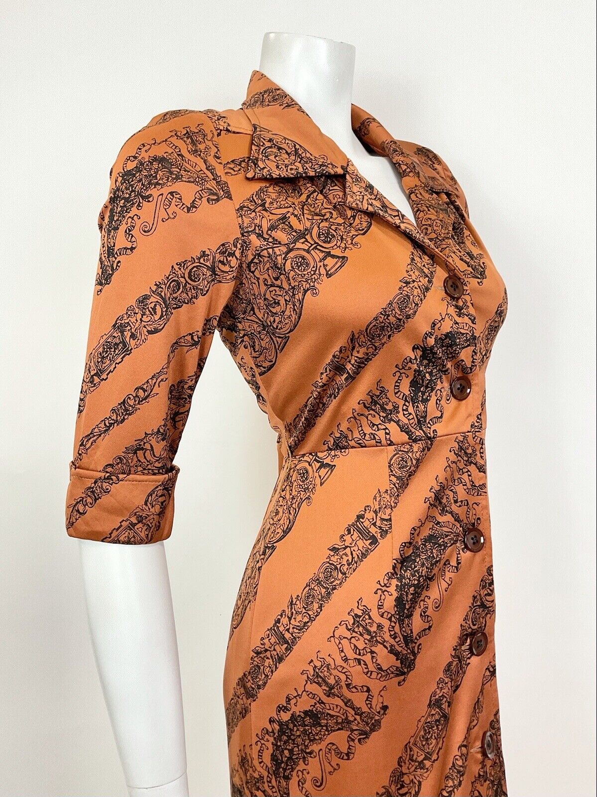 VTG 60s 70s BRONZE ORANGE BLACK ELEGANT FLORAL ACANTHUS CHERUB SHIRT DRESS 8