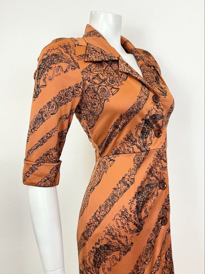 VTG 60s 70s BRONZE ORANGE BLACK ELEGANT FLORAL ACANTHUS CHERUB SHIRT DRESS 8