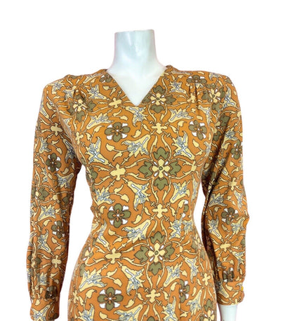 VINTAGE 60s 70s ORANGE BROWN BEIGE FLORAL PIXEL GEOMETRIC MOD DRESS 14 16