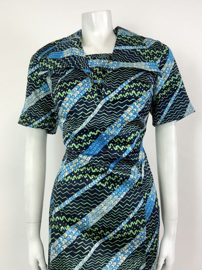 VTG 60s 70s BLUE GREEN WHITE STRIPED ZIG ZAG PSYCHEDELIC WING SHIRT DRESS 14 16