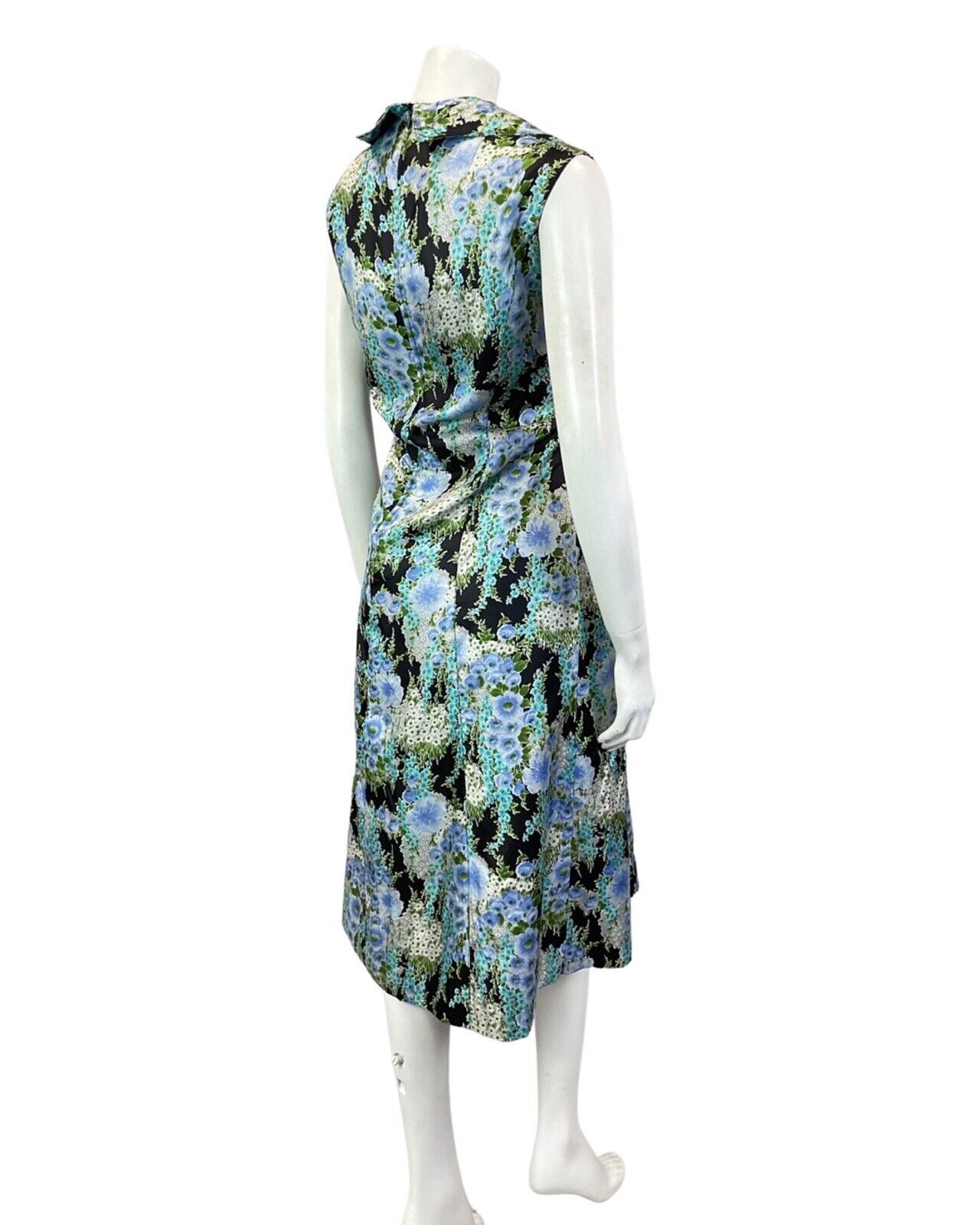 VINTAGE 60s 70s BLUE GREEN BLACK FLORAL WING COLLAR SLEEVELESS DRESS 16 18