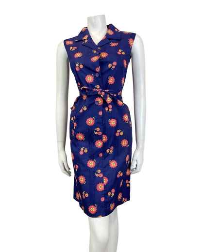 VINTAGE 60s 70s NAVY BLUE PINK ORANGE FLOWER DAISY MOD BELTED SHIRT DRESS 10 12