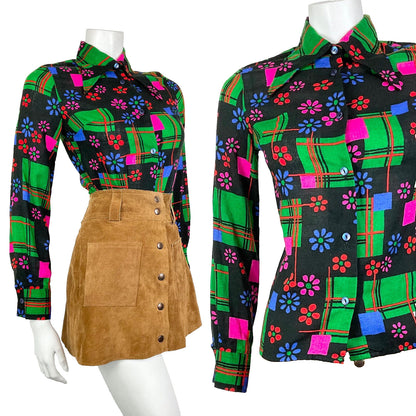VTG 60s 70s BLACK GREEN PINK BLUE GEOMETRIC DAISY FLOWER MOD DAGGER SHIRT 8