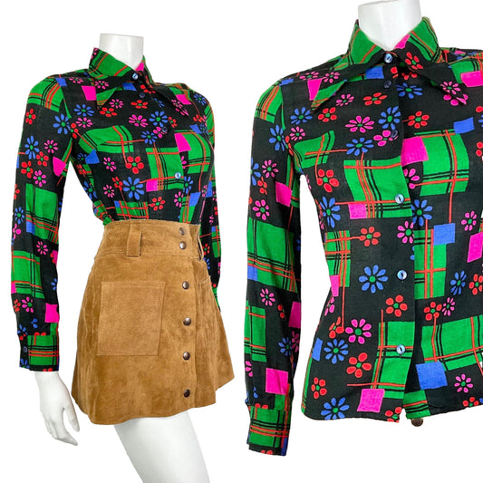 VTG 60s 70s BLACK GREEN PINK BLUE GEOMETRIC DAISY FLOWER MOD DAGGER SHIRT 8