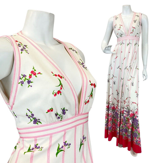 VINTAGE 60s 70s WHITE RED PINK FLORAL BOTANICAL SLEEVELESS SUMMER MAXI DRESS 10
