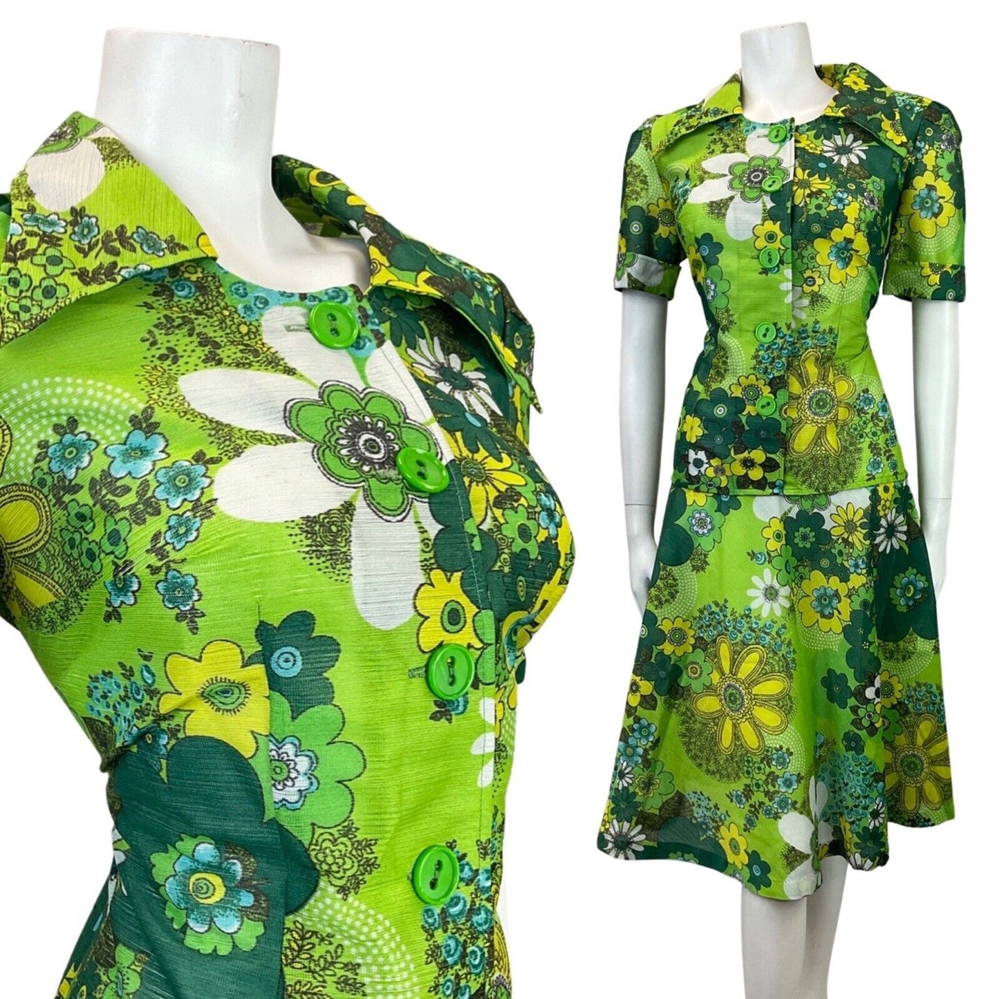 VTG 60s 70s GREEN LIME FOREST FLORAL PSYCHEDELIC DROP WAIST SHIRT DRESS 12 14