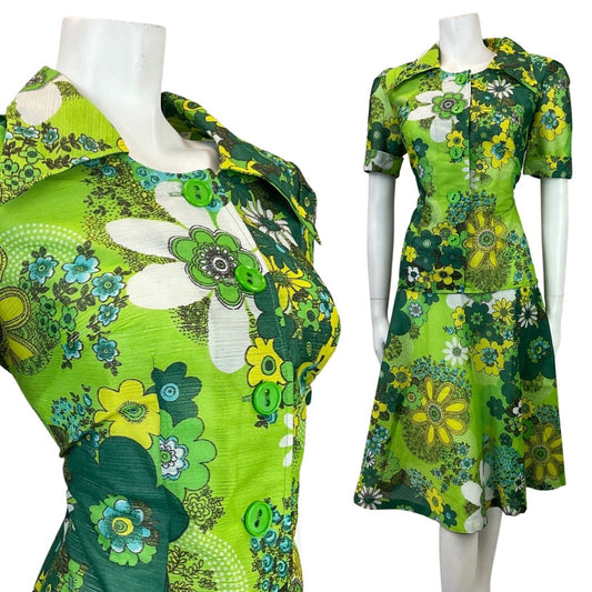 VTG 60s 70s GREEN LIME FOREST FLORAL PSYCHEDELIC DROP WAIST SHIRT DRESS 12 14