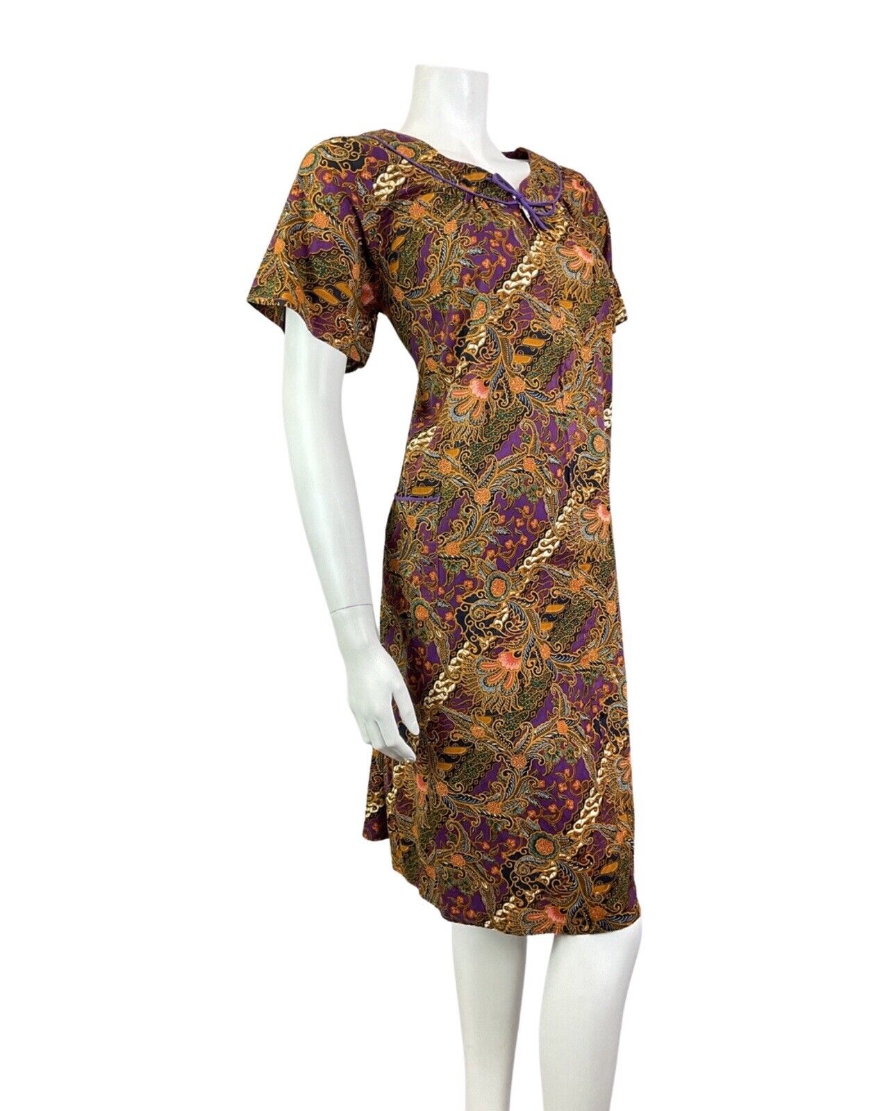 VINTAGE 60s 70s PURPLE GREEN GOLD PSYCHEDELIC FLORAL PAISLEY TENT DRESS 12 14